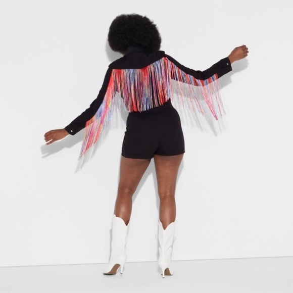 PRIDE Black Shorts Jumpsuit Romper Zip Front w Colorful Fringe Size S  NWT - Picture 10 of 13